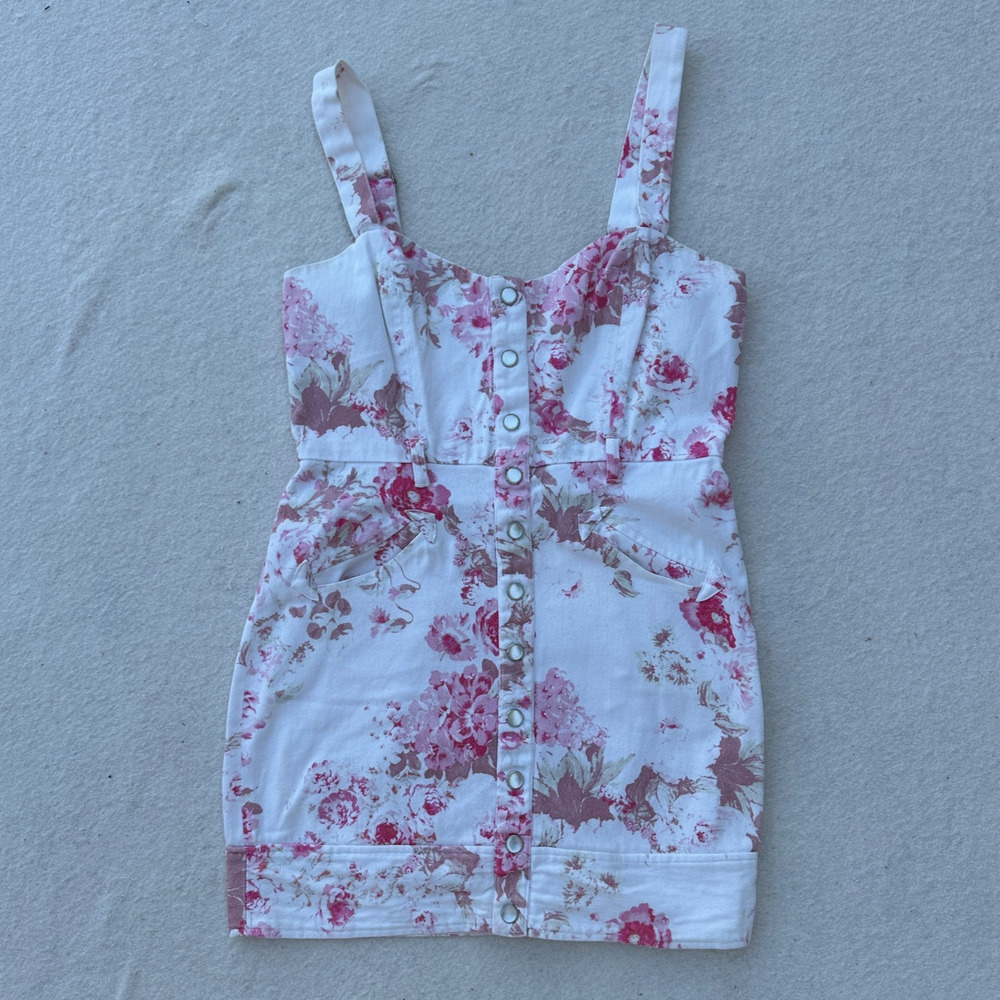 For Love & Lemons White Floral Mini Dress with Pink and Tan Print